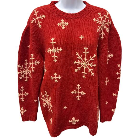VTG Eddie Bauer Womens L 100% Wool Christmas Sweater Red Snowflake Thick Cozy - Picture 1 of 5